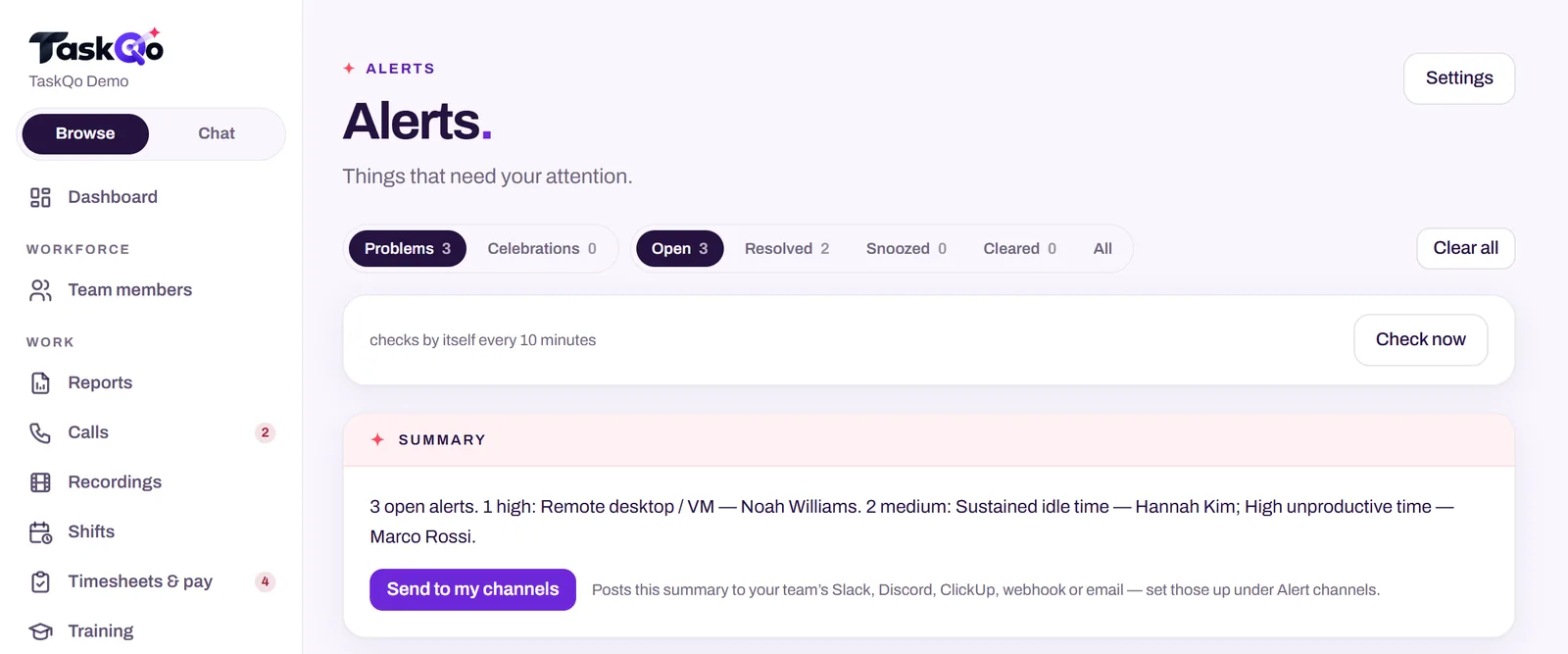TaskQo alerts flagging a remote desktop session for review