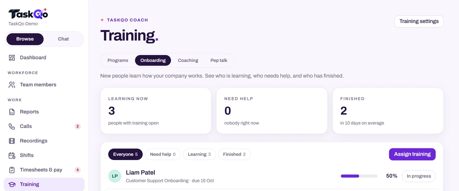 TaskQo training area with onboarding progress for new team members